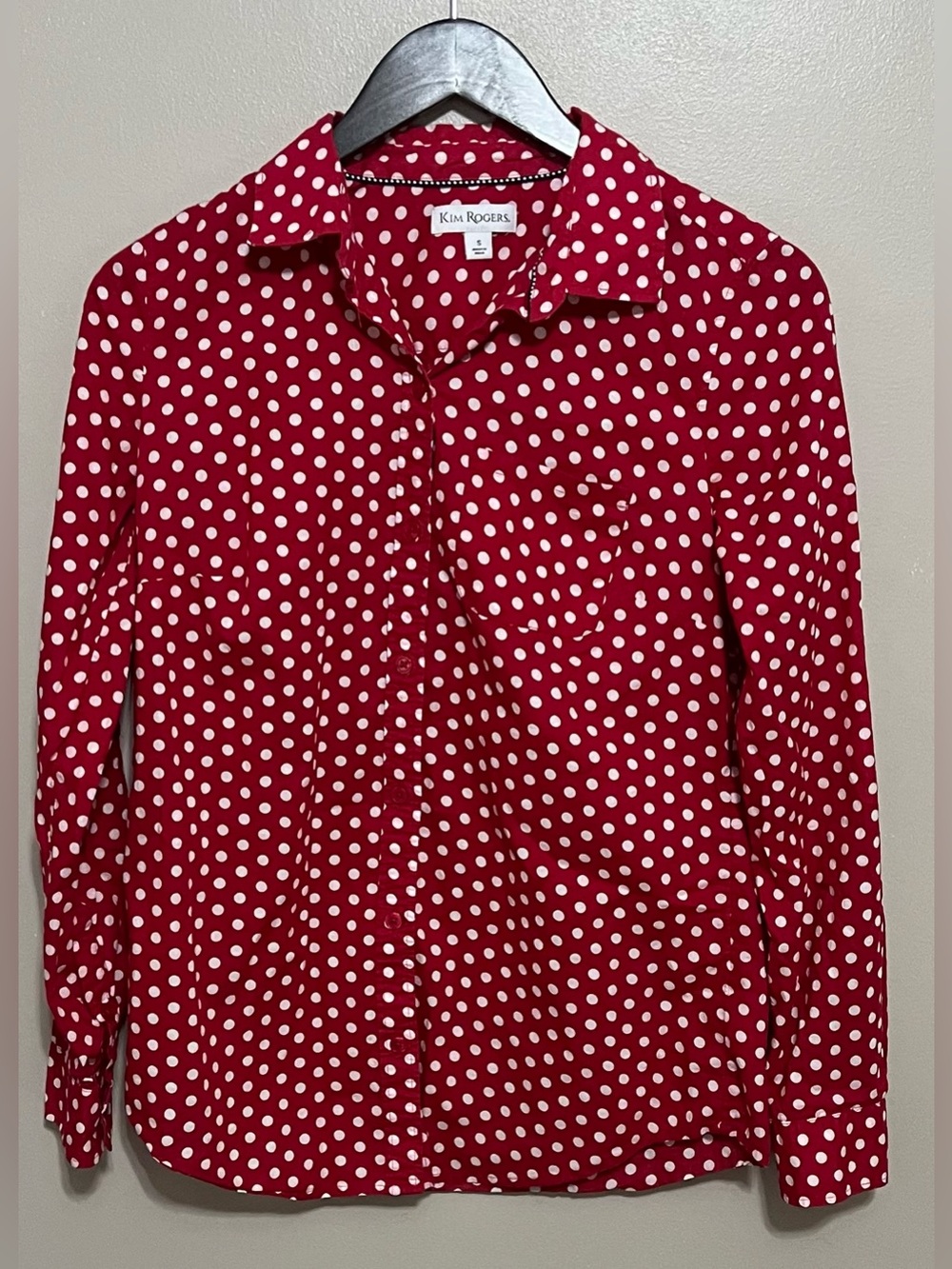 Kim Rogers Long Sleeve Button Down Blouse Red White Polkadot Size Small